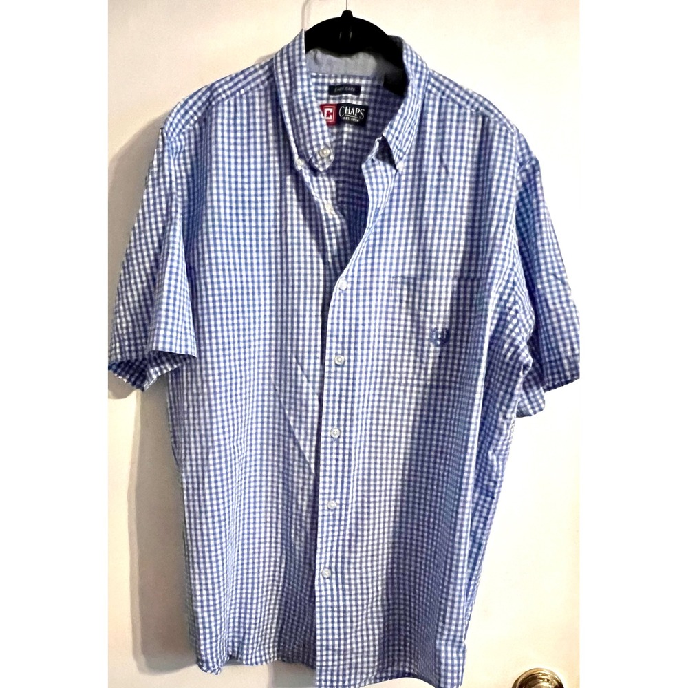 Chaps Men's Large Blue White Gingham Check Short Sleeve Button Down Shirt L
